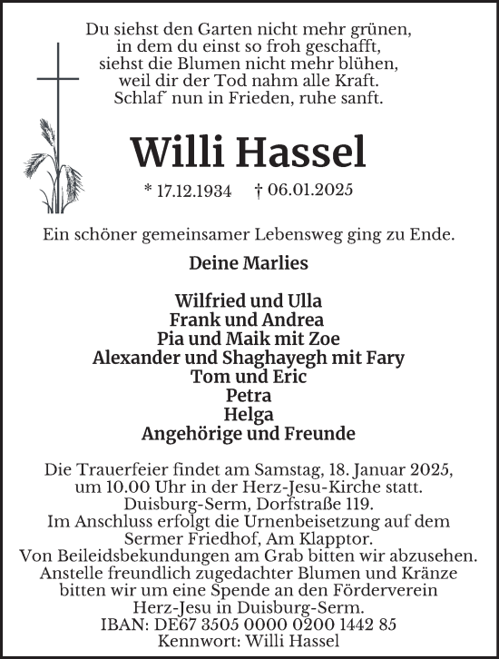 Traueranzeige von Willi Hassel von Tageszeitung