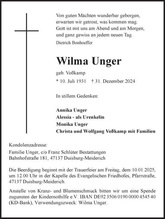 Traueranzeige von Wilma Unger von Tageszeitung