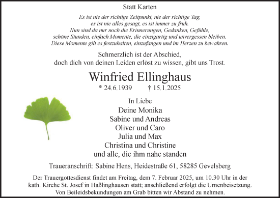 Traueranzeige von Winfried Ellinghaus von Tageszeitung
