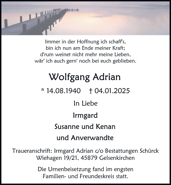 Traueranzeige von Wolfgang Adrian von Tageszeitung