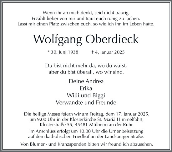 Traueranzeige von Wolfgang Oberdieck von Tageszeitung