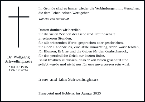Traueranzeige von Wolfgang Schweflinghaus von Tageszeitung