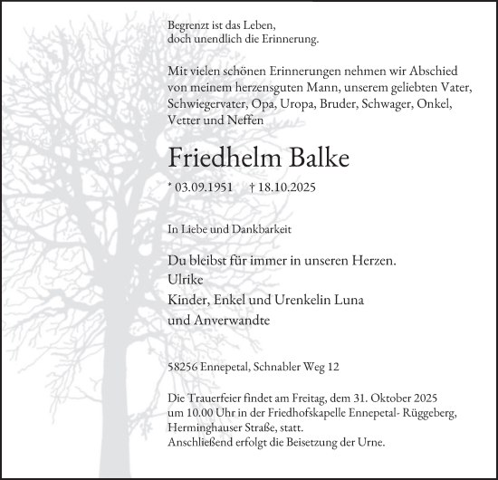 Traueranzeige von Friedhelm Balke von Tageszeitung