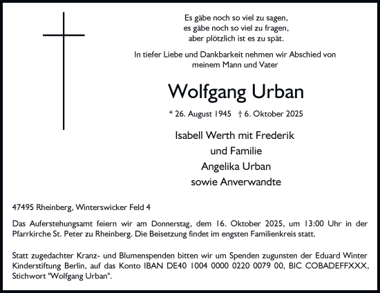 Traueranzeige von Wolfgang Urban von Tageszeitung