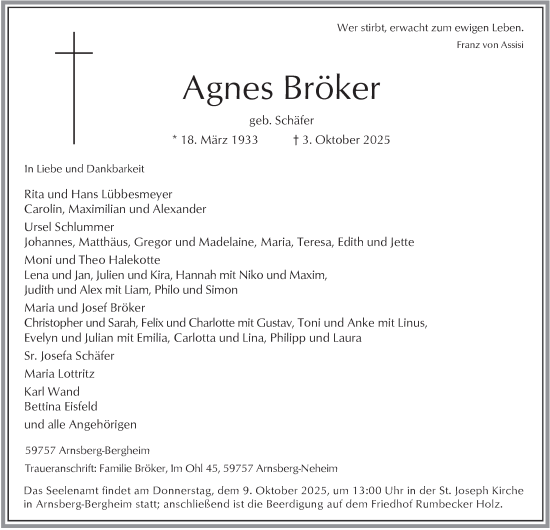Traueranzeige von Agnes Bröker von Tageszeitung