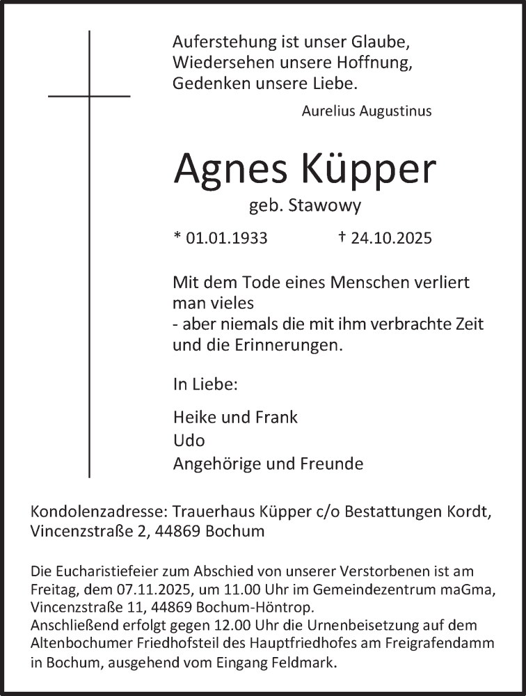  Traueranzeige für Agnes Küpper vom 31.10.2025 aus Tageszeitung
