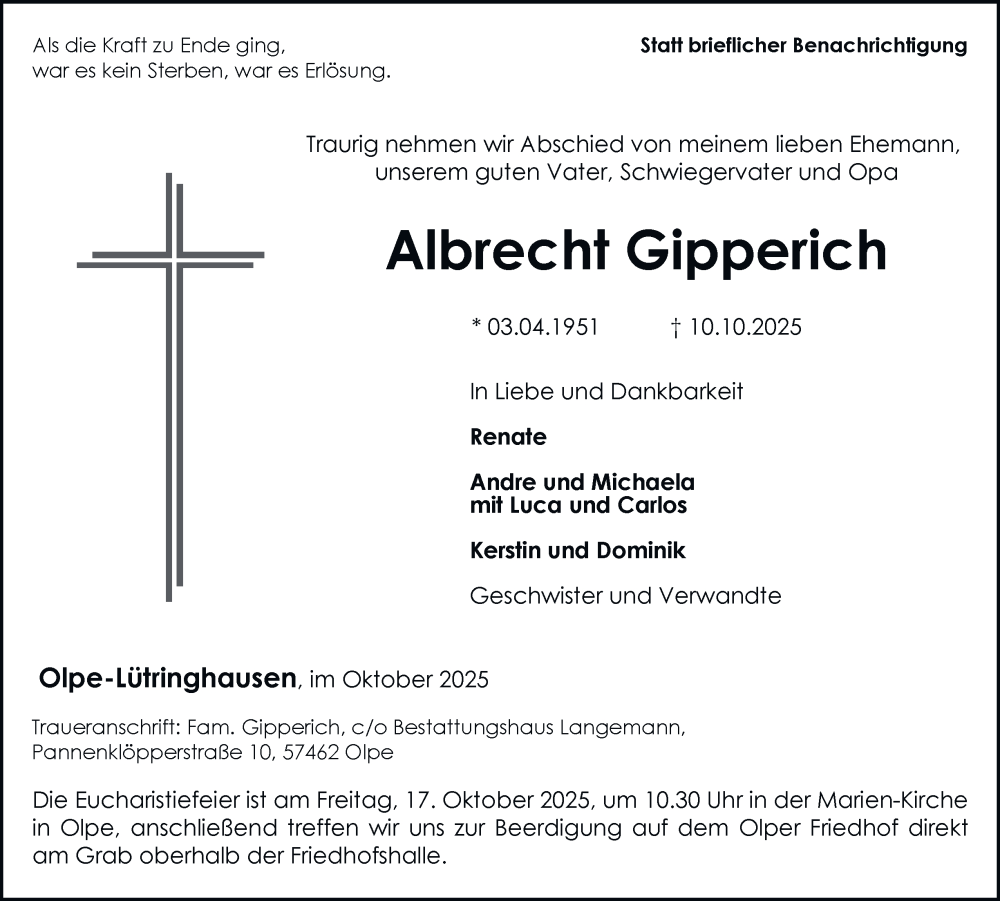  Traueranzeige für Albrecht Gipperich vom 15.10.2025 aus Tageszeitung