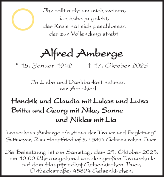 Traueranzeige von Alfred Amberge von Tageszeitung