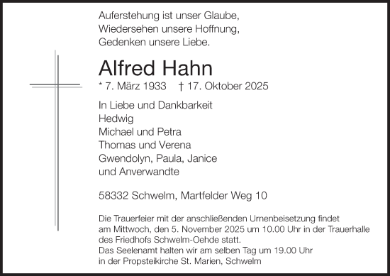Traueranzeige von Alfred Hahn von Tageszeitung