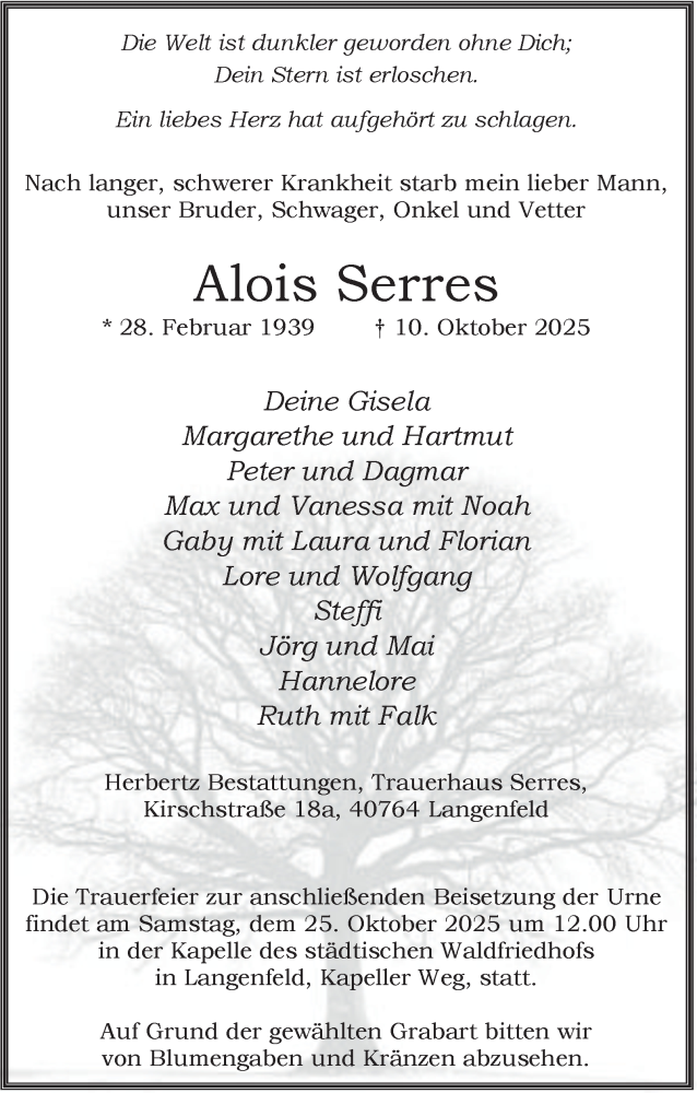  Traueranzeige für Alois Serres vom 18.10.2025 aus Tageszeitung