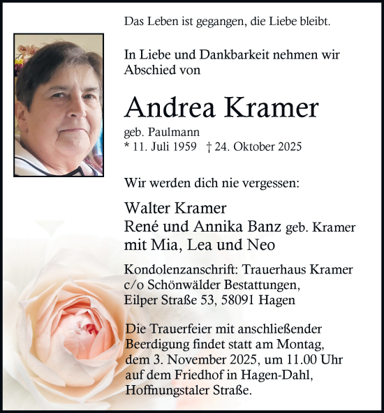 Traueranzeige von Andrea Kramer von Tageszeitung