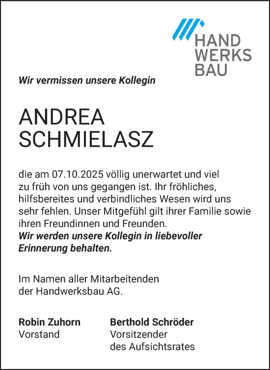 Traueranzeige von Andrea Schmielasz von Tageszeitung