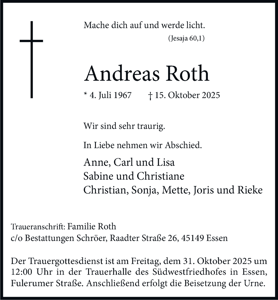  Traueranzeige für Andreas Roth vom 25.10.2025 aus Tageszeitung