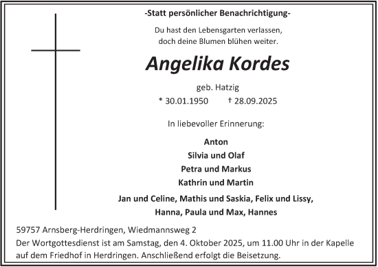 Traueranzeige von Angelika Kordes von Tageszeitung