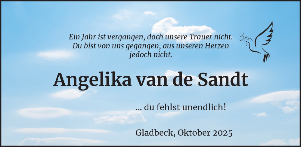  Traueranzeige für Angelika van de Sandt vom 18.10.2025 aus Tageszeitung