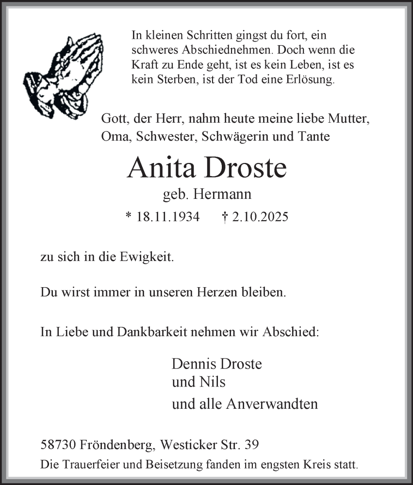  Traueranzeige für Anita Droste vom 07.10.2025 aus Tageszeitung
