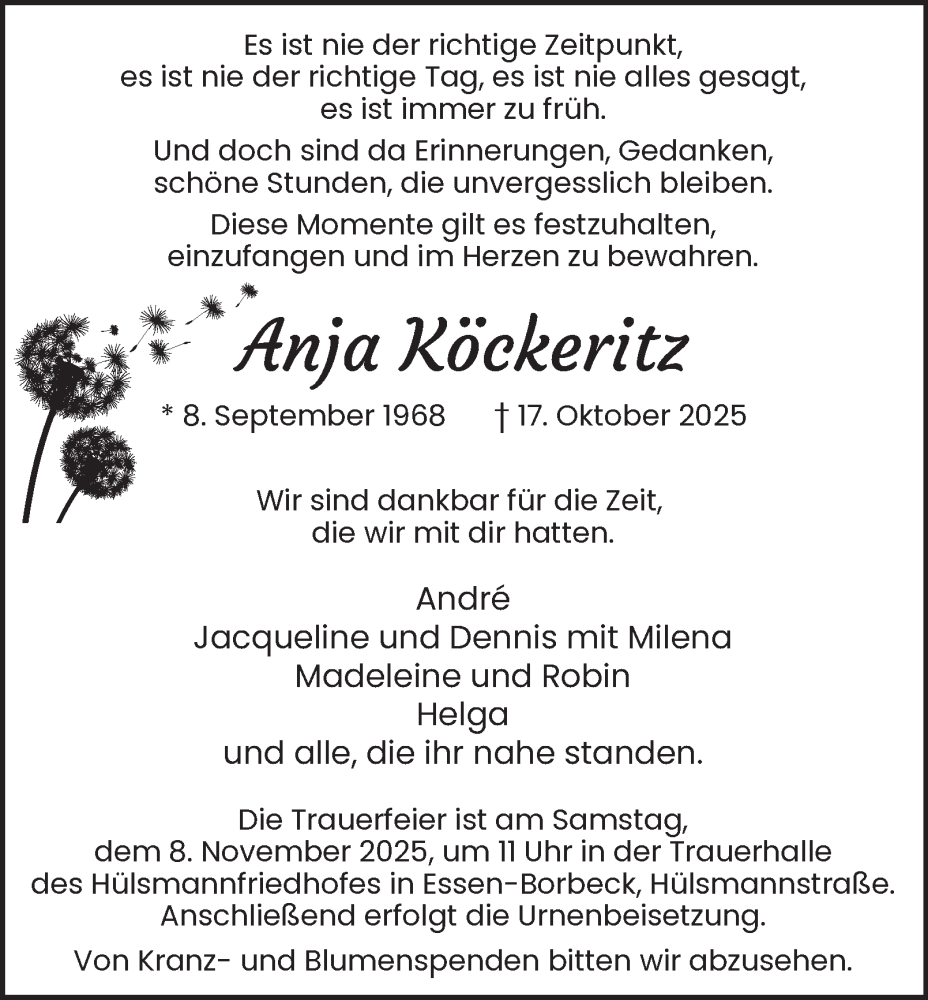  Traueranzeige für Anja Köckeritz vom 01.11.2025 aus Tageszeitung