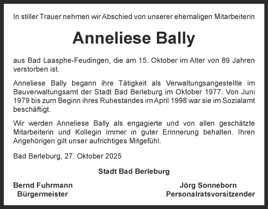 Traueranzeige von Anneliese Bally von Tageszeitung