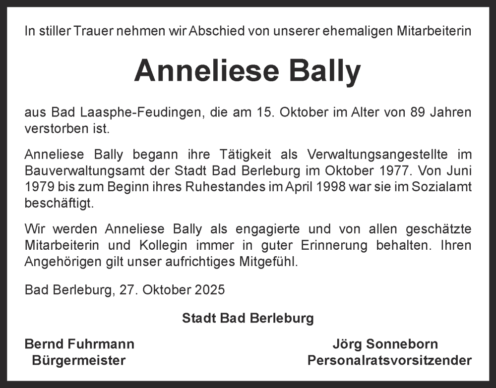  Traueranzeige für Anneliese Bally vom 30.10.2025 aus Tageszeitung