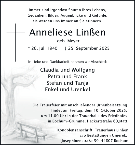 Traueranzeige von Anneliese Linßen von Tageszeitung