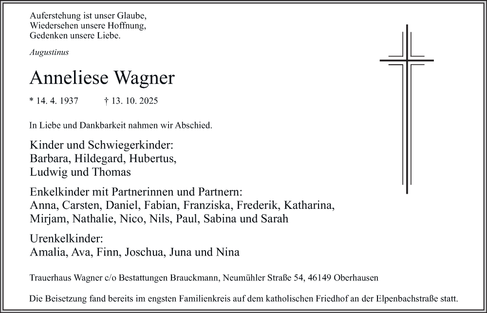  Traueranzeige für Anneliese Wagner vom 25.10.2025 aus Tageszeitung