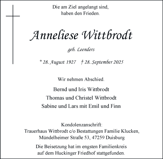 Traueranzeige von Anneliese Wittbrodt von Tageszeitung