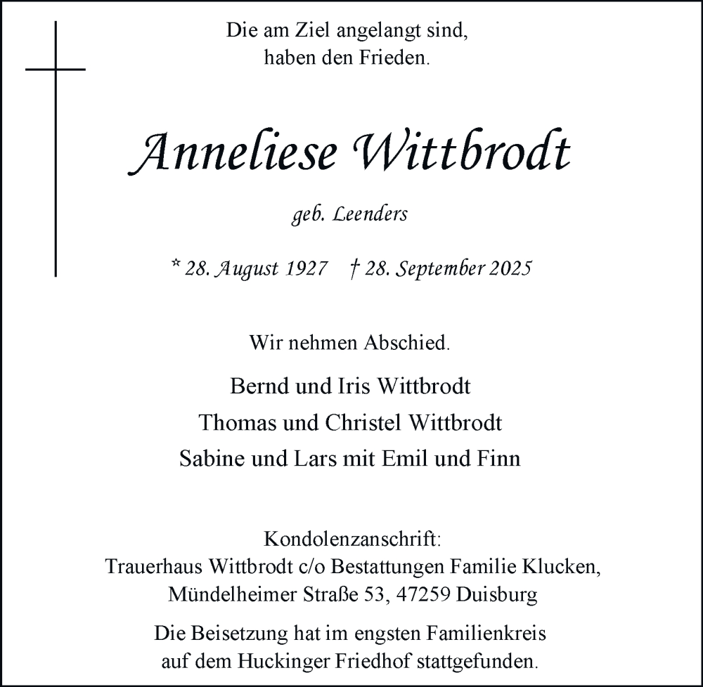  Traueranzeige für Anneliese Wittbrodt vom 01.11.2025 aus Tageszeitung