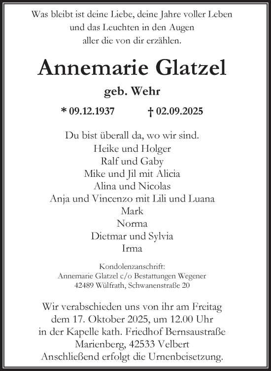 Traueranzeige von Annemarie Glatzel von Tageszeitung