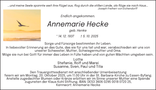 Traueranzeige von Annemarie Hecke von Tageszeitung