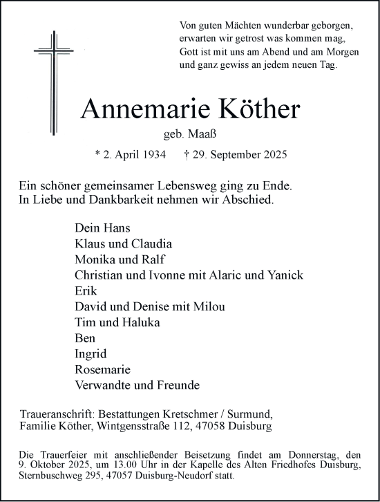 Traueranzeige von Annemarie Köther von Tageszeitung