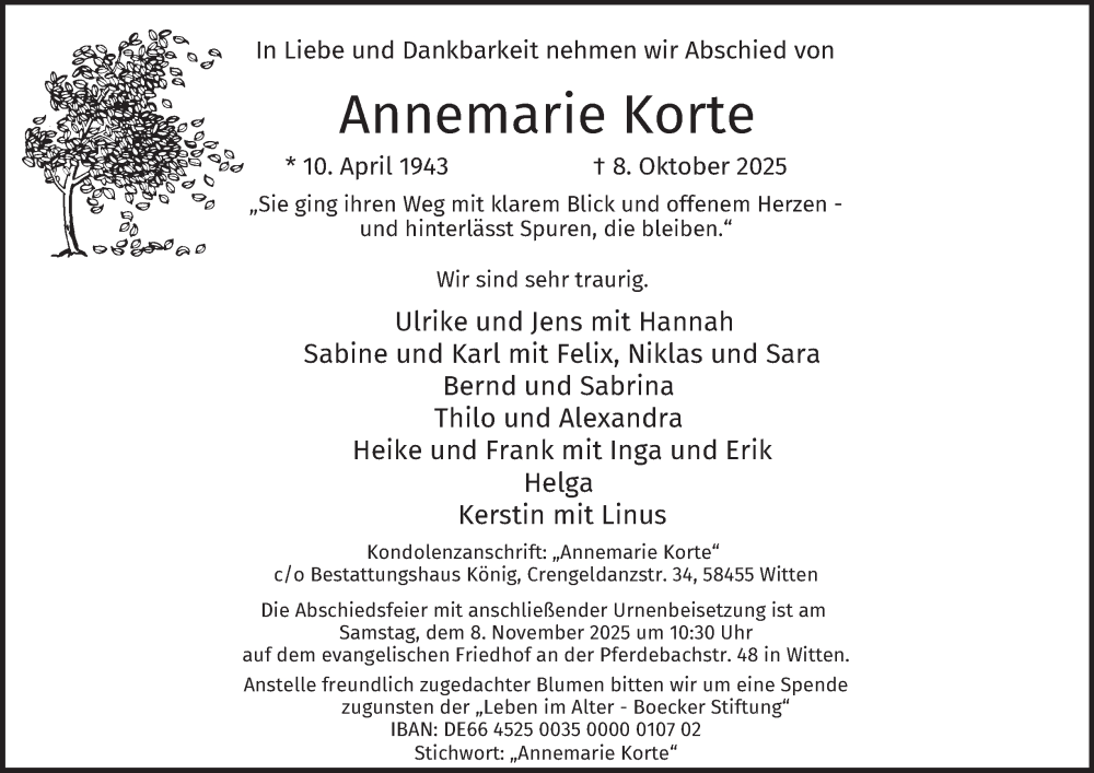  Traueranzeige für Annemarie Korte vom 25.10.2025 aus Tageszeitung