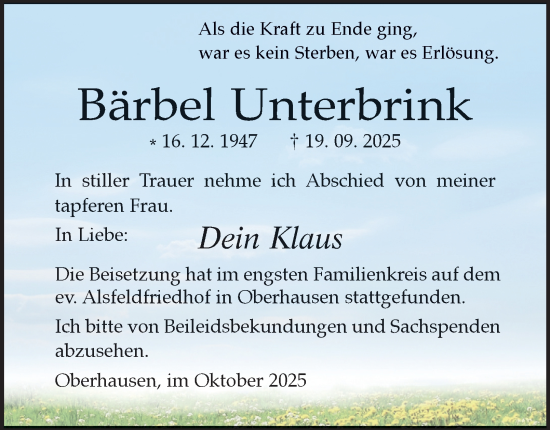 Traueranzeige von Bärbel Unterbrink von Tageszeitung