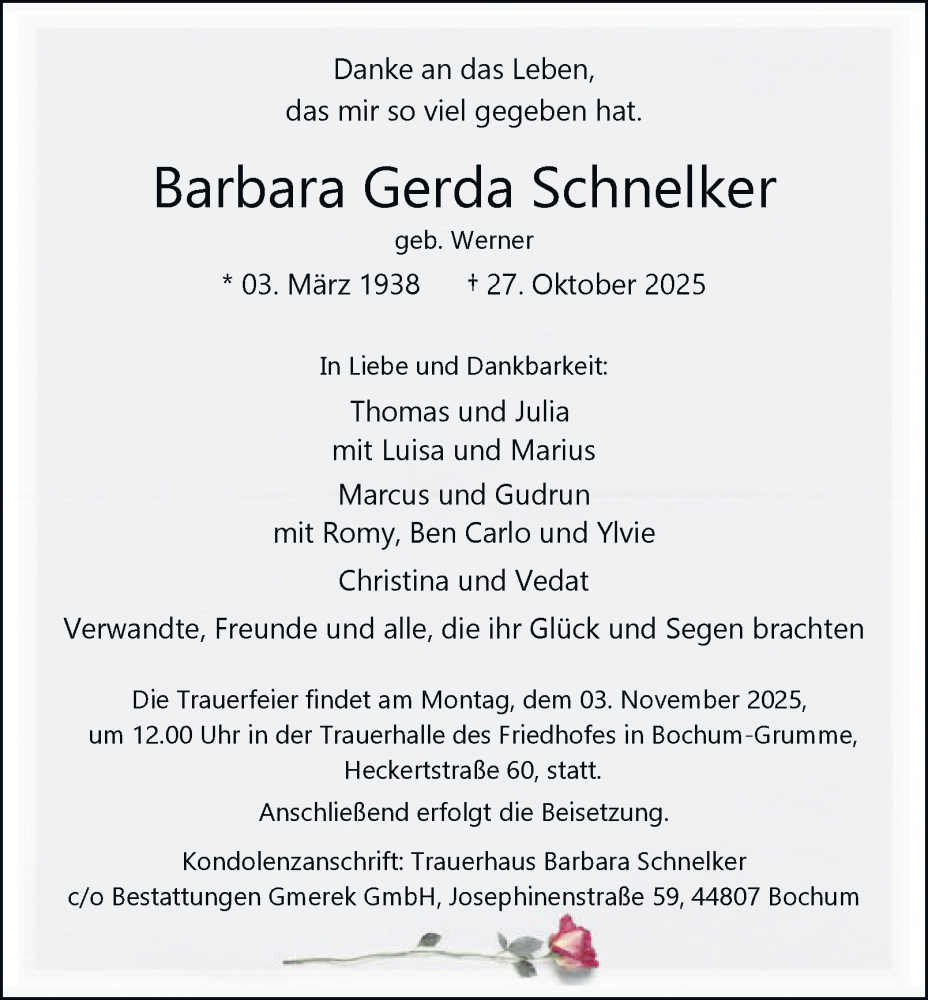  Traueranzeige für Barbara Gerda Schnelker vom 01.11.2025 aus Tageszeitung