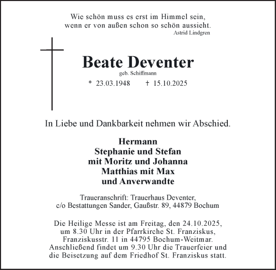 Traueranzeige von Beate Deventer von Tageszeitung