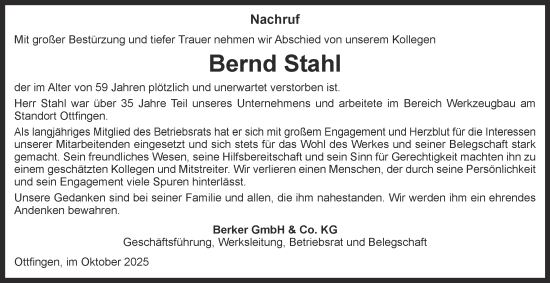 Traueranzeige von Bernd Stahl von Tageszeitung