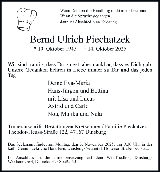 Traueranzeige von Bernd Ulrich Piechatzek von Tageszeitung