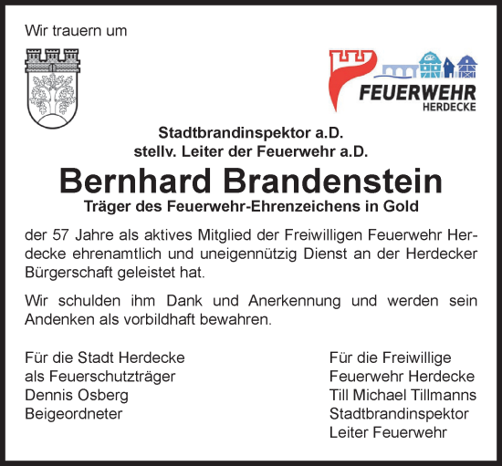 Traueranzeige von Bernhard Brandenstein von Tageszeitung