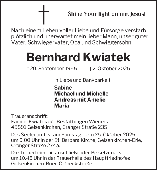 Traueranzeige von Bernhard Kwiatek von Tageszeitung