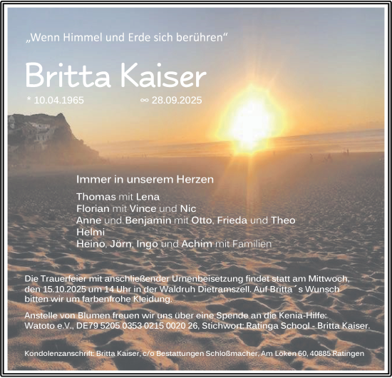 Traueranzeige von Britta Kaiser von Tageszeitung