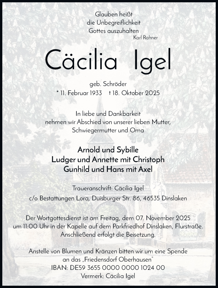 Traueranzeige für Cäcilia Igel vom 01.11.2025 aus Tageszeitung