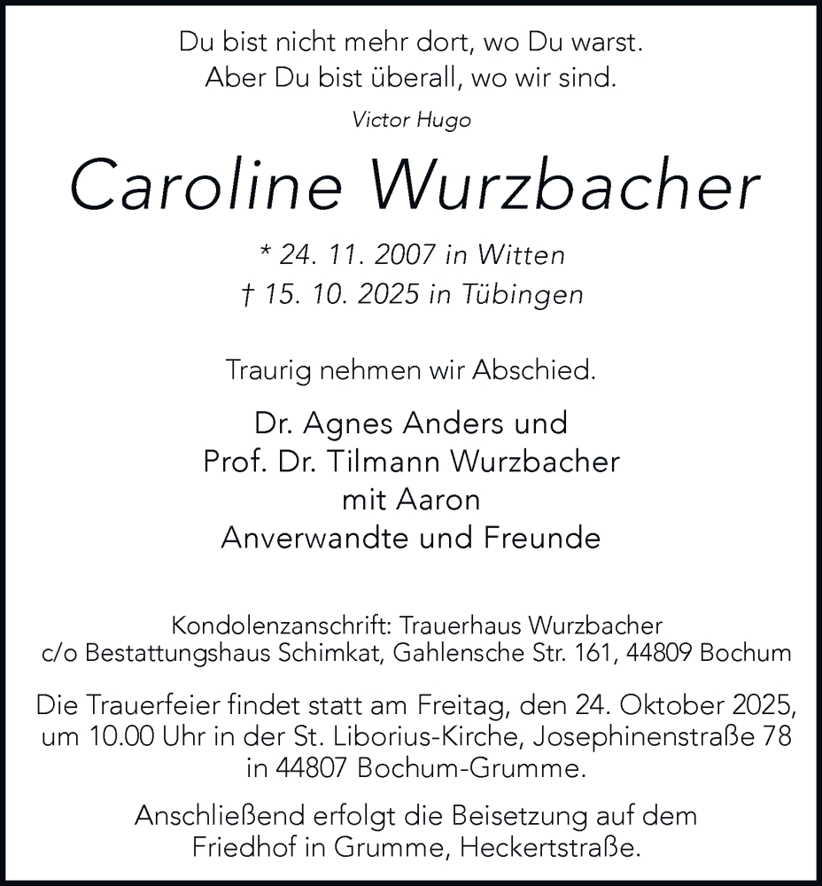  Traueranzeige für Caroline Wurzbacher vom 22.10.2025 aus Tageszeitung