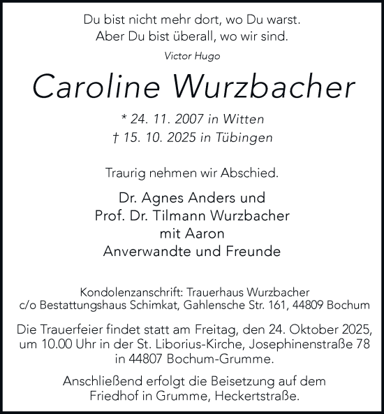 Traueranzeige von Caroline Wurzbacher von Tageszeitung