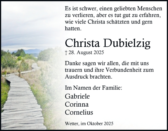 Traueranzeige von Christa Dubielzig von Tageszeitung