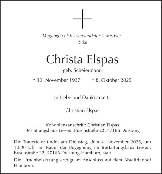Traueranzeige von Christa Elspas von Tageszeitung