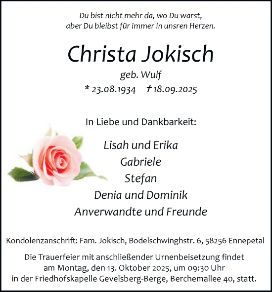 Traueranzeige von Christa Jokisch von Tageszeitung