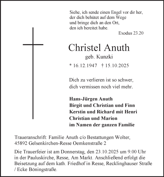 Traueranzeige von Christel Anuth von Tageszeitung
