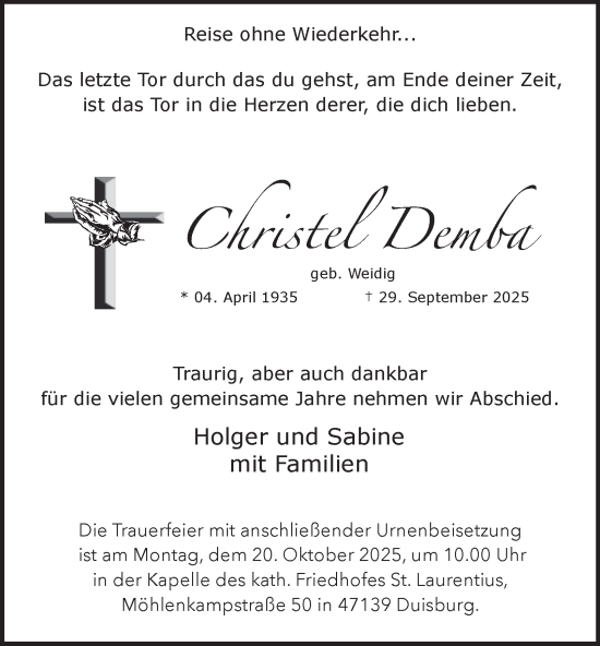 Traueranzeige von Christel Demba von Tageszeitung