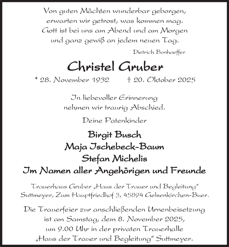  Traueranzeige für Christel Gruber vom 31.10.2025 aus Tageszeitung