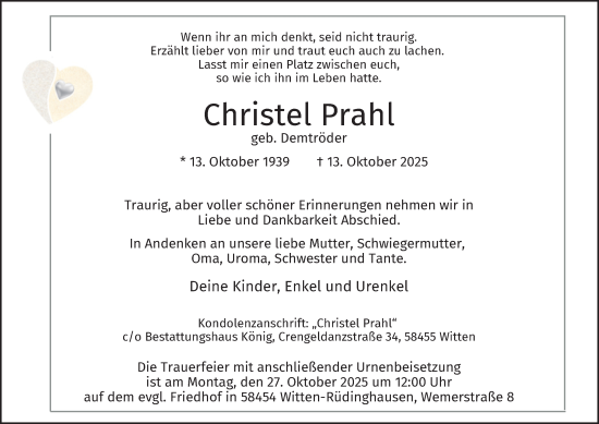 Traueranzeige von Christel Prahl von Tageszeitung