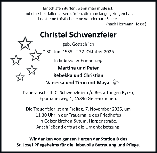 Traueranzeige von Christel Schwenzfeier von Tageszeitung